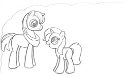 Size: 1185x726 | Tagged: safe, artist:midwestbrony, derpibooru import, big macintosh, trixie, earth pony, pony, colt, filly, male, monochrome, stallion, traditional art, younger