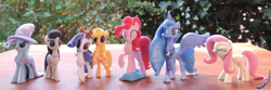 Size: 4896x1632 | Tagged: safe, artist:deathpwny, derpibooru import, applejack, fluttershy, octavia melody, pinkie pie, princess luna, rarity, trixie, earth pony, pony, 3d print, female, irl, lesbian, photo, rarijack, shipping