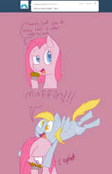 Size: 894x1376 | Tagged: safe, artist:voids-edge, derpy hooves, pinkie pie, pegasus, pony, fanfic:cupcakes, ask, comic, female, mare, muffin, pinkamena diane pie, question pinkamena, tumblr