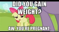 Size: 400x217 | Tagged: safe, derpibooru import, edit, edited screencap, screencap, apple bloom, twilight sparkle, earth pony, pony, caption, female, filly, image macro, implied pregnancy