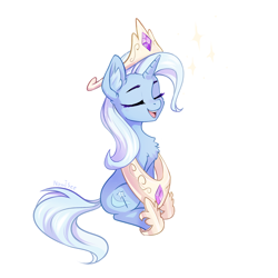 Size: 1500x1500 | Tagged: safe, artist:inowiseei, derpibooru import, trixie, pony, unicorn, chest fluff, clothes, crown, cute, cutie mark, diatrixes, ear fluff, eyes closed, female, happy, hoof shoes, jewelry, mare, necklace, open mouth, peytral, regalia, shoes, simple background, sitting, solo, sparkles, this will end in tears and/or a journey to the moon, white background