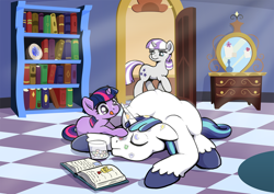 Size: 1800x1272 | Tagged: safe, artist:muffinshire, shining armor, twilight sparkle, twilight velvet, pony, unicorn, comic:twilight's first day, book, cropped, cute, equestria's best brother, eyes closed, female, filly, male, mare, muffinshire is trying to murder us, prank, shining adorable, single panel, sleeping, sticker, tongue out, twiabetes, twilight velvet is not amused, younger