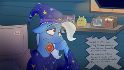Size: 2560x1440 | Tagged: safe, artist:fuzzypones, derpibooru import, trixie, pony, unicorn, the beginning of the end, clothes, female, floppy ears, hat, mare, morning, morning ponies, munching, nightcap, pajamas, radio, sleepy, solo, text, trixie's wagon