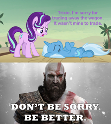 Size: 1687x1882 | Tagged: safe, derpibooru import, edit, edited screencap, screencap, starlight glimmer, trixie, pony, road to friendship, season 8, spoiler:s08, cactus, caption, desert, god of war, image macro, kratos, meme, road, text