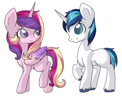 Size: 1000x800 | Tagged: safe, artist:rue-willings, princess cadance, shining armor, alicorn, pony, unicorn, blank flank, eye contact, female, husbandhorse, male, mare, raised hoof, raised leg, simple background, smiling, stallion, transparent background, unshorn fetlocks, vector, wifehorse