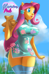 Size: 762x1152 | Tagged: safe, artist:glamourpink, fluttershy, human, equestria girls, anti-gravity boobs, breasts, cheongsam, clothes, dress, eared humanization, female, hootershy, humanized, minidress, ponied up, pony coloring, socks, solo, thigh highs, winged humanization