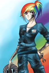 Size: 3300x4866 | Tagged: safe, artist:tao-mell, rainbow dash, clothes, female, humanized, mechanic, multicolored hair