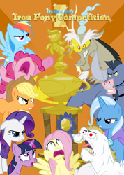 Size: 1134x1594 | Tagged: safe, derpibooru import, applejack, bulk biceps, discord, fluttershy, iron will, pinkie pie, rainbow dash, rarity, trixie, twilight sparkle, earth pony, pegasus, pony, unicorn, dashoof, female, mane six, mare, polish, poster, trophy