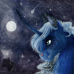 Size: 2000x2004 | Tagged: safe, artist:biakela, princess luna, alicorn, pony, ear fluff, fangs, moon, night, solo, stars, traditional art