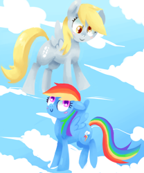 Size: 2500x3000 | Tagged: safe, artist:verrmont, derpy hooves, rainbow dash, pegasus, pony, blushing, cloud, cute, duo, female, high res, mare, sky