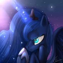 Size: 900x900 | Tagged: safe, artist:lolitalonis, princess luna, alicorn, pony, blood, crepuscular rays, frown, glare, magic, moonlight, night, nosebleed, solo, spread wings, stars, this will end in pain