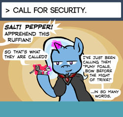 Size: 1280x1222 | Tagged: safe, artist:owlor, derpibooru import, trixie, pony, alicorn amulet, dialogue, lidded eyes, no pupils, offscreen character, solo, speech bubble