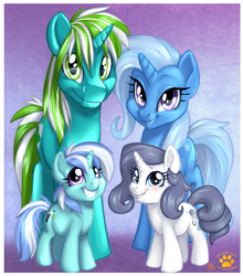 Size: 1057x1200 | Tagged: safe, artist:touchofsnow, derpibooru import, trixie, oc, oc:pickles, oc:pixie, oc:stardust, pony, unicorn, adopted offspring, canon x oc, female, male, mare, offspring, parent:oc:pickles, parent:trixie, parents:canon x oc, parents:trikles, shipping, straight, trikles