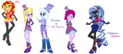 Size: 1024x456 | Tagged: safe, artist:prettycelestia, derpibooru import, fuchsia blush, lavender lace, nightmare rarity, radiance, rarity, sunset shimmer, trixie, equestria girls, alternate costumes, background human, equestria girls-ified, female, power ponies, trixie and the illusions