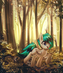 Size: 3067x3511 | Tagged: safe, artist:mirroredsea, oc, oc only, oc:frostfire, pegasus, pony, female, forest, mare, smiling, solo, tree