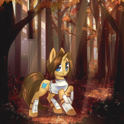 Size: 3617x3617 | Tagged: safe, artist:mirroredsea, oc, oc only, oc:valiant shield, pony, unicorn, armor, crepuscular rays, forest, looking at you, male, solo, stallion, sunlight