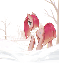 Size: 1323x1404 | Tagged: safe, artist:mirroredsea, pinkie pie, earth pony, pony, clothes, female, looking at you, looking back, looking back at you, mare, pinkamena diane pie, rock farm, scarf, snow, snowman, solo