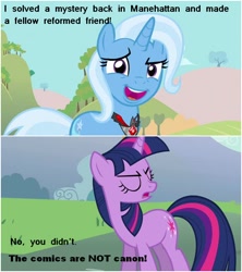 Size: 558x628 | Tagged: safe, derpibooru import, trixie, twilight sparkle, pony, unicorn, magic duel, alicorn amulet, comic drama, denial, drama bait, female, idw canon drama, mare, mouthpiece, op is a cuck, op is trying to start shit, telling lies