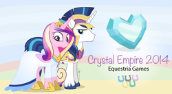 Size: 1240x680 | Tagged: safe, artist:dm29, princess cadance, shining armor, alicorn, pony, unicorn, equestria games (episode), armor, clothes, crystal heart, dress, duo, equestria games, looking at you, olympic rings, smiling