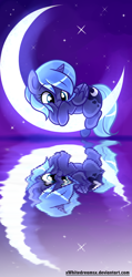 Size: 2000x4200 | Tagged: safe, artist:xwhitedreamsx, princess luna, alicorn, pony, crescent moon, cute, filly, lunabetes, moon, night, prone, reflection, solo, tangible heavenly object, transparent moon, woona