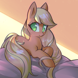 Size: 1402x1402 | Tagged: safe, artist:mirroredsea, applejack, earth pony, pony, cute, female, freckles, jackabetes, long mane, looking back, lying on bed, mare, missing accessory, solo