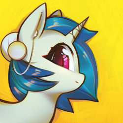 Size: 1404x1404 | Tagged: safe, artist:mirroredsea, dj pon-3, vinyl scratch, pony, unicorn, abstract background, cute, earbuds, female, looking at you, mare, profile, solo, vinylbetes