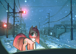 Size: 1700x1199 | Tagged: safe, artist:mirroredsea, pinkie pie, earth pony, pony, clothes, female, headlights, mare, pinkamena diane pie, scarf, snow, snowfall, solo