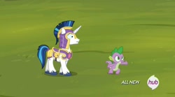 Size: 1451x808 | Tagged: safe, screencap, shining armor, spike, dragon, pony, unicorn, equestria games (episode), armor, equestria games, hub logo