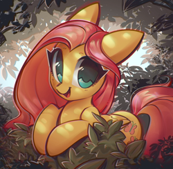 Size: 1404x1376 | Tagged: safe, artist:mirroredsea, fluttershy, pegasus, pony, bush, colored pupils, cute, female, floppy ears, leaning, looking at you, mare, open mouth, shyabetes, smiling, solo