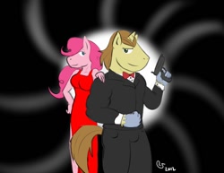 Size: 990x765 | Tagged: safe, artist:caseyljones, donut joe, pinkie pie, anthro, con mane, gun, no trigger discipline, pinkiejoe, pistol, weapon