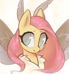 Size: 1404x1505 | Tagged: safe, artist:mirroredsea, fluttershy, moth, mothpony, original species, pony, female, fluttermoth, mare, monster mare, smiling, solo, species swap