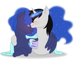 Size: 4446x3450 | Tagged: safe, artist:mokychan, princess luna, oc, oc:lunar evening, alicorn, pony, blushing, canon x oc, kissing, luvning, shipping