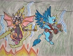 Size: 2156x1677 | Tagged: safe, artist:infinita est lux solis, gallus, smolder, dragon, griffon, dragoness, dragonfire, female, fire, lightning, saddle bag, shield, skull, staff, storm, sword, traditional art, war hammer, weapon