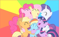 Size: 810x512 | Tagged: safe, derpibooru import, applejack, fluttershy, pinkie pie, rainbow dash, rarity, twilight sparkle, earth pony, pegasus, pony, unicorn, group hug, happy, hug, mane six