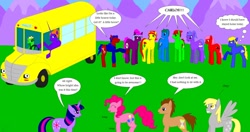 Size: 1700x900 | Tagged: safe, artist:nebulastars, derpibooru import, derpy hooves, doctor whooves, pinkie pie, twilight sparkle, alicorn, earth pony, pony, bus, crossover, magic school bus, ponified, pun, school bus