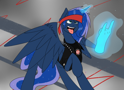 Size: 2582x1879 | Tagged: safe, artist:color-spark, princess luna, alicorn, pony, bandana, clothes, disembodied hand, jacket, leather jacket, magic, metal, solo, tongue out