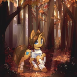 Size: 3617x3617 | Tagged: safe, artist:mirroredsea, oc, oc only, pony, crepuscular rays, forest, leaves, solo, tree