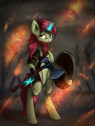 Size: 1500x2000 | Tagged: safe, artist:quefortia, oc, oc only, pony, semi-anthro, unicorn, axe, beard, bipedal, commission, digital art, ear fluff, facial hair, fire, glowing horn, magic, male, shield, solo, stallion, telekinesis, weapon