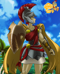 Size: 1543x1900 | Tagged: safe, artist:mauroz, flash magnus, human, armor, cape, clothes, helmet, humanized, male, netitus, shield, solo