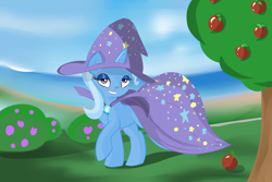 Size: 1800x1200 | Tagged: safe, artist:wilshirewolf, derpibooru import, trixie, pony, unicorn, bedroom eyes, cape, clothes, smiling, solo, trixie's hat