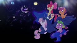 Size: 1366x768 | Tagged: safe, artist:raininess, apple bloom, princess luna, scootaloo, spike, sweetie belle, alicorn, dragon, earth pony, pegasus, pony, unicorn, adorabloom, baby, baby dragon, cute, cutealoo, cutie mark, cutie mark crusaders, diasweetes, dream realm, female, filly, fireworks, looking up, lunabetes, male, mare, new year, smiling, spikabetes, the cmc's cutie marks