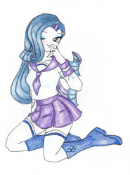 Size: 1024x1384 | Tagged: safe, artist:nekopunk121, rarity, human, blushing, boots, clothes, humanized, pleated skirt, school uniform, skirt, socks, solo, thigh highs, traditional art, zettai ryouiki