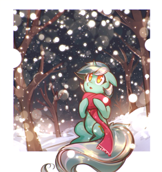 Size: 1322x1404 | Tagged: safe, artist:mirroredsea, lyra heartstrings, pony, unicorn, :o, big tail, clothes, colored pupils, cute, desktop background, female, floppy ears, forest, fourth wall, lyrabetes, mare, night, open mouth, scarf, scenery, sitting, snow, snowfall, solo, tree, wallpaper, winter