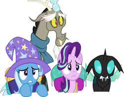 Size: 2301x1805 | Tagged: safe, artist:littlecl0ud, derpibooru import, discord, starlight glimmer, thorax, trixie, pony, unicorn, to where and back again, reformed four, vector
