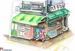 Size: 3437x2346 | Tagged: safe, artist:mashiromiku, derpibooru import, starlight glimmer, trixie, pony, bench, building, easter, easter egg, holiday, japanese, patreon, patreon logo, shop, sitting, traditional art, vending machine, watercolor painting