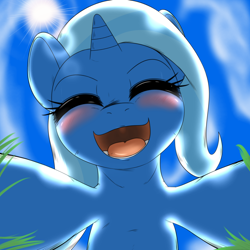 Size: 1000x1000 | Tagged: safe, artist:ushiro no kukan, derpibooru import, trixie, pony, unicorn, cute, diatrixes, female, grass, happy, mare, offscreen character, pov, solo, ushiro is trying to murder us