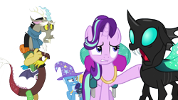 Size: 1280x720 | Tagged: safe, derpibooru import, discord, starlight glimmer, thorax, trixie, changeling, draconequus, pony, unicorn, to where and back again, background removed, backpack, clothes, female, male, mare, open mouth, reformed four, scarf, simple background, transparent background