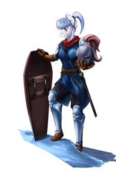 Size: 1200x1800 | Tagged: safe, artist:d-lowell, oc, oc only, anthro, plantigrade anthro, armor, clothes, commission, female, helmet, scar, shield, simple background, valkyrie