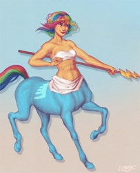 Size: 500x616 | Tagged: safe, artist:emmyc, rainbow dash, centaur, bandeau, belly button, centaurdash, spear