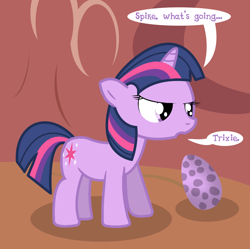 Size: 954x950 | Tagged: safe, derpibooru import, spike, twilight sparkle, dragon, ask stalker trixie, egg, filly